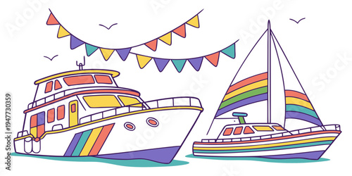 A colorful sailboat and a large boat with rainbow flags Vector