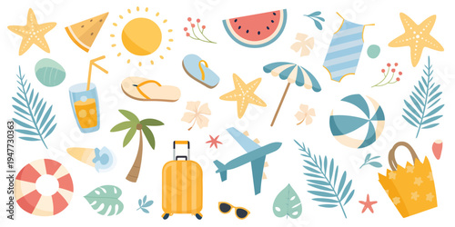 A colorful vector graphic illustration of various summer vacation icons and symbols