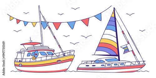 A colorful illustration of two boats with a string of flags Vector