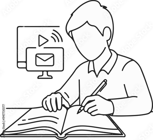 Person studying with a computer and a book