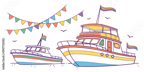 A colorful boat with a flag on the water Vector