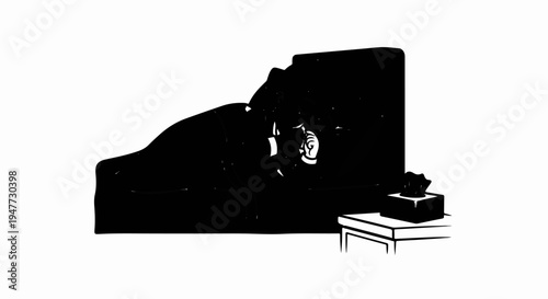 Person under blanket on couch with tissues on side table