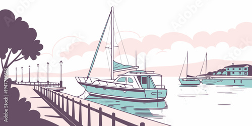 A boat is docked at a pier by the water Vector