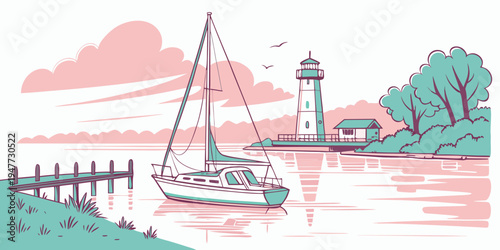 A sailboat floats near a lighthouse by the shore Vector