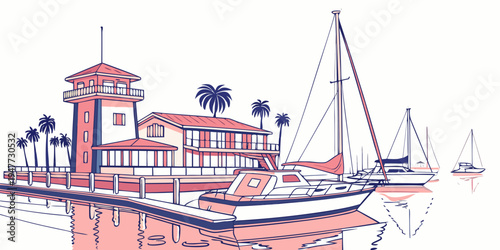 A building with a tower next to a docked sailboat Vector