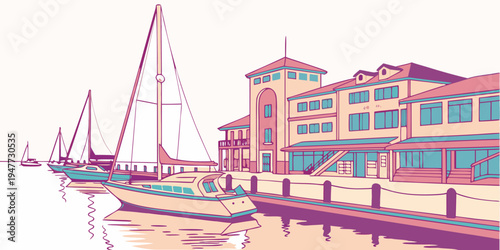 A large building next to a dock with boats Vector