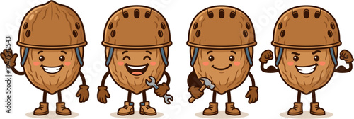 Four Cartoon Walnuts Wearing Hard Hats And Work Boots Showing Different Emotions