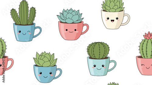 Adorable seamless pattern of various cacti and succulent plants in cute cups with smiling faces on white background.