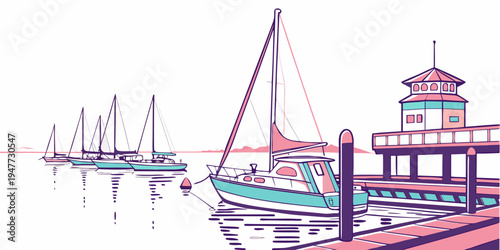 A sailboat is moored at a pier by the water Vector