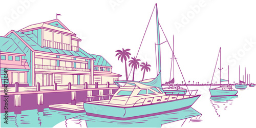 A colorful illustration of a marina with a large building and boats Vector
