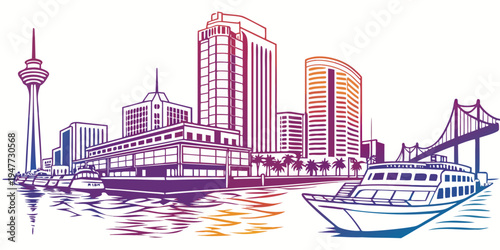 A city skyline with a bridge and tall buildings Vector