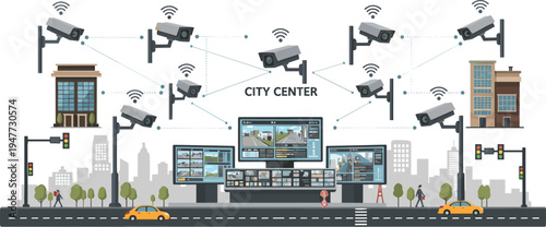 Smart City Surveillance System with Network Security Cameras Monitoring Urban Traffic and Buildings CCTV Control Center Vector Illustration