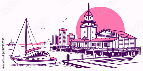 A purple and pink illustration of a lighthouse by the sea Vector