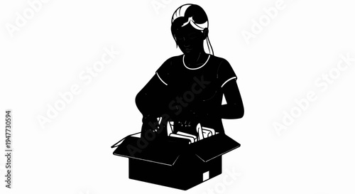 Person unpacking items from a cardboard box in a simplified, graphic style