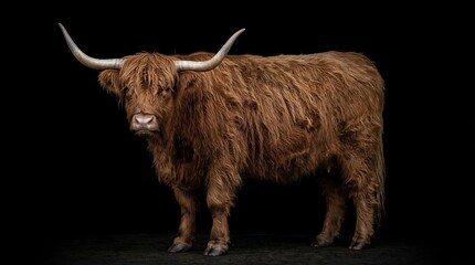 A majestic Highland cow stands alone in a dark setting