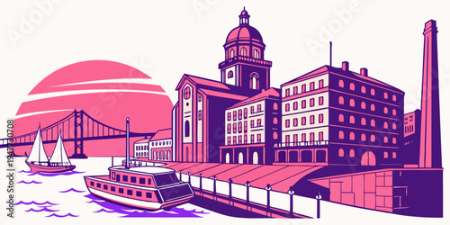 A purple and pink illustration of a cityscape with a large building and a bridge Vector