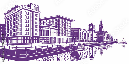 A city skyline with buildings and a body of water Vector