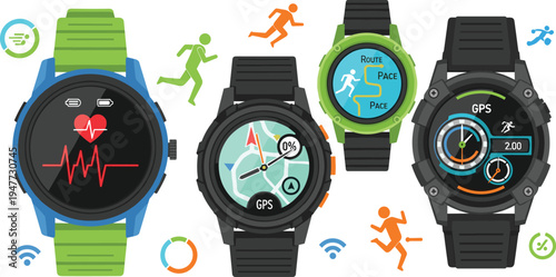 Smart Fitness Watch Set with Heart Rate Monitor, GPS Tracking, Running Activity and Health Monitoring Wearable Technology Vector Illustration