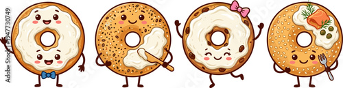 Four Cute Bagel Characters with Cream Cheese and Toppings Having Fun