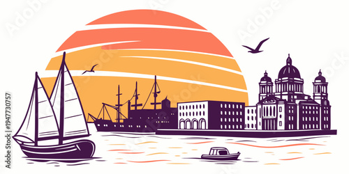A city skyline with a sailboat and a bird flying overhead Vector