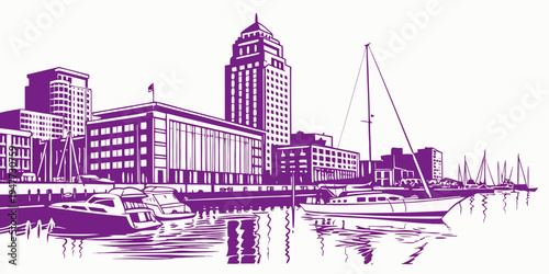 A city skyline with a tall building and a body of water Vector