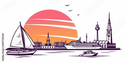 Sailboat on water with city skyline and sunset Vector