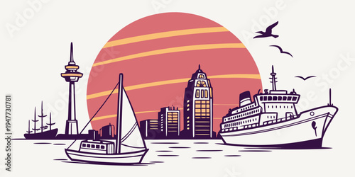 A city skyline with a cruise ship and a sailboat Vector