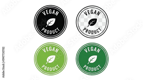 Four circular vegan product labels with leaf in black green and white