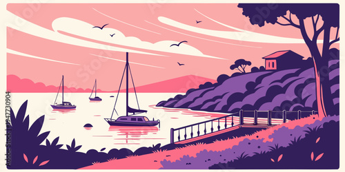 A serene lake scene with sailboats and a walking path Vector