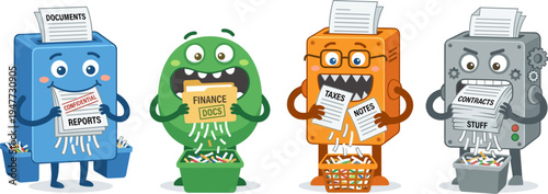 Four Cute Paper Shredding Monsters in Blue Green Orange Gray Colors Eating Documents