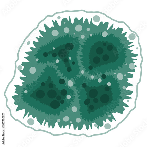 Green mold fungus spot growing on wet house wall. Mildew fungal spores under the microscope. Vector illustration