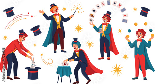Magician Performing Magic Tricks Set with Wand, Cards, Rabbit in Hat and Juggling Balls Stage Illusionist Cartoon Vector Illustration