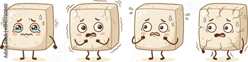 Four Cute Tofu Cubes Showing Different Emotions Of Sadness And Fear In Pixel Art Style