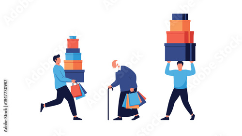 Group of people including elderly man carrying many colorful shopping bags and stacked boxes after successful shopping trip.