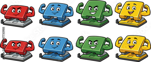 Four Different Colored Cartoon Punching Machines Flexing Muscles In Pixel Art Style