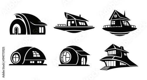 Futuristic House Icons Set, Modern Architecture Building Silhouettes