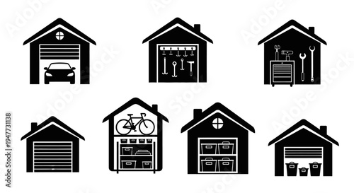 Garage Door Icons: Car, Bicycle, Tools, Storage & More - Set of 8 Black Silhouettes