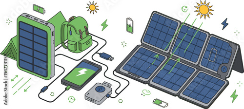 Portable Solar Charger Kit with Foldable Solar Panels Power Bank Backpack and Mobile Devices Eco Friendly Renewable Energy Vector Illustration
