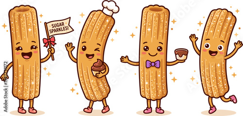 Four Happy Cartoon Churros With Chocolate And Chef Hat In White Background