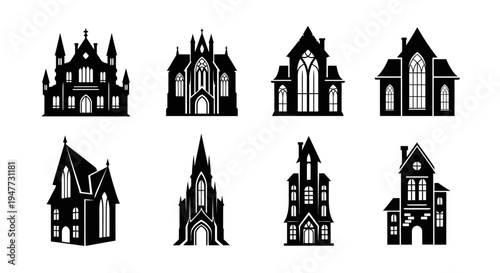 Gothic Haunted House Silhouettes Collection - Spooky Architecture Vector Icons