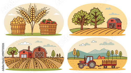 A charming collection of agricultural illustrations depicting various aspects of farm life, including barns, tractors, cultivated fields, and bountiful harvests, perfect for rural-themed designs