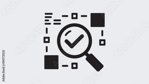 A black and white icon of a magnifying glass with a checkmark inside, surrounded by various geometric shapes.