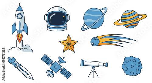 Space objects and astronomy equipment.