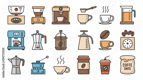 A vibrant collection of coffee making equipment icons, showcasing diverse tools and machines essential for brewing and enjoying delicious hot beverages