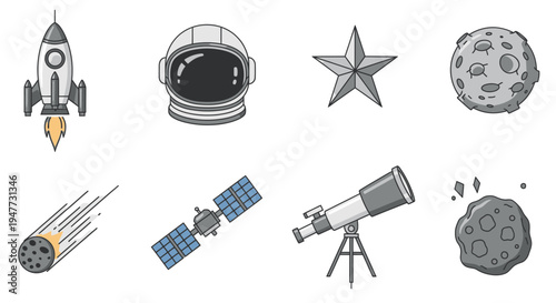Space objects and astronomy equipment.