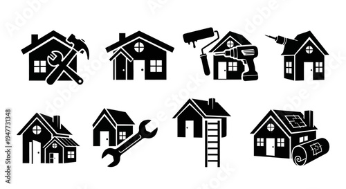 Home Renovation and Repair Icons: House with Tools, Paint, and Solar Panels