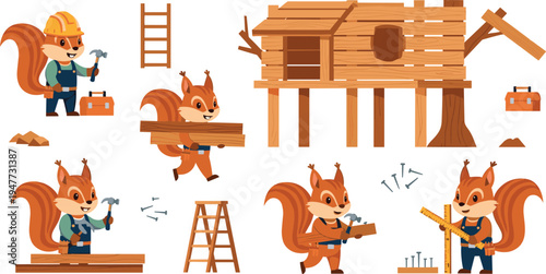 Cute Cartoon Squirrel Carpenter Characters Building Wooden Treehouse with Tools, Hammer, Ladder and Planks Construction Worker Animal Vector Illustration Set