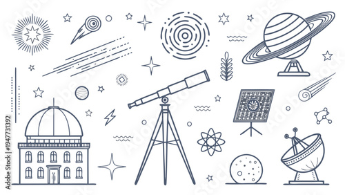 Minimalistic thin line vector icon set showcasing astronomy, cosmology, and space exploration elements, including planets, stars, a telescope, and an observatory, perfect for scientific studies