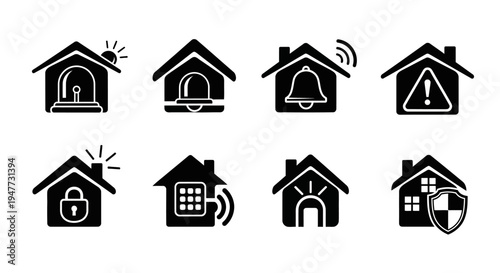 Home Security Icons: Alarm, Lock, Shield, Bell, Warning, Keypad, Siren