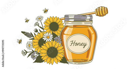 Glass jar of golden honey 1.